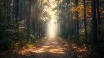 Obraz premium A serene forest path lined with autumn foliage, sunlight streaming through the trees, creating a magical atmosphere.