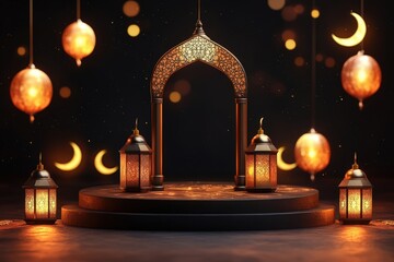 Festive Islamic Ramadan Background Arch Lanterns Moons Stars Night