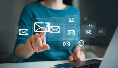 Managing Your Inbox: Digital Email Notification Concept. Person checking email, new message alerts, online communication, messaging, digital          