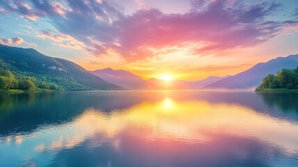 Fototapeta premium A serene lake surrounded by mountains at sunset, with the sky reflecting off the water in vibrant colors.