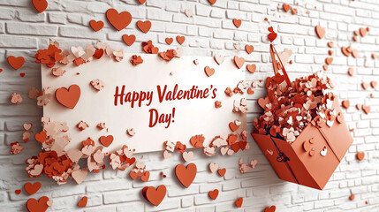 Biała ściana z cegieł i napis Happy Valentine's Day! © Silent26