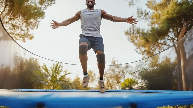 Happy african american athletic man joyfully jumping on outdoor trampoline, wearing knee pads, t-shirt, shorts against nature background. Healthy lifestyle and trampoline exercise benefits