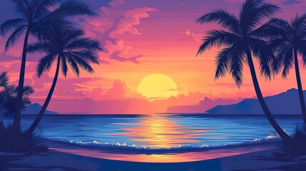 Fototapeta premium A tranquil beach sunset with silhouettes of palm trees and gentle waves creating a peaceful atmosphere.