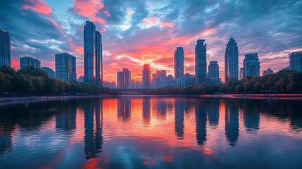 Fototapeta premium A vibrant city skyline reflected in a calm river during sunset, capturing the essence of urban life.