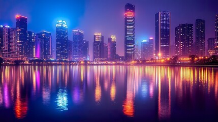 Fototapeta premium A vibrant city skyline at night, illuminated by thousands of lights, reflecting in the calm waters of a nearby river.