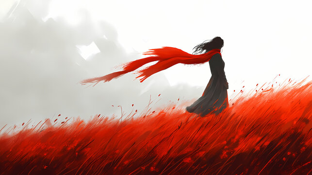 Girl in red field, windswept scarf, misty background, peaceful scene, ideal for sadness, loneliness concepts. Windswept Desolation. Illustration