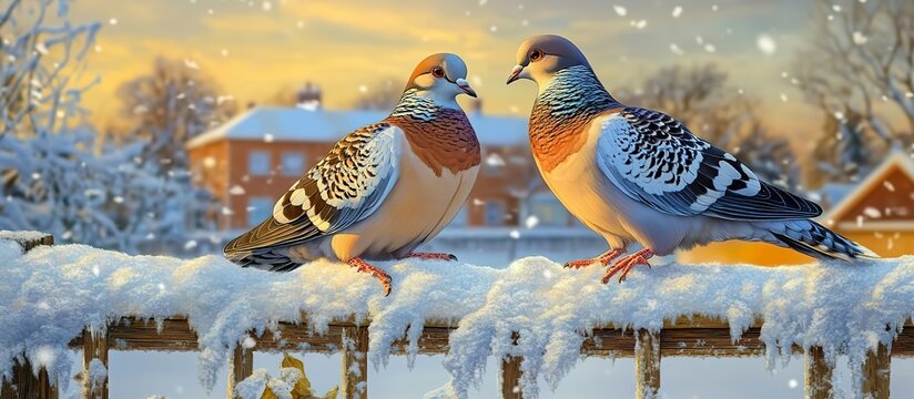 A vibrant depiction of two turtle doves perched on a snow-covered fence, their feathers soft and inviting against a backdrop of a tranquil winter scene.