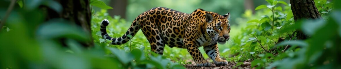 Jaguar stalking prey through dense underbrush, prey, nature, predator