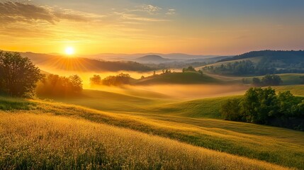 Fototapeta premium Beautiful sunrise over a foggy valley with rolling hills
