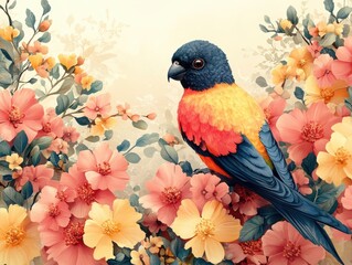 Fototapeta premium A colorful bird perched among vibrant flowers in a serene setting.
