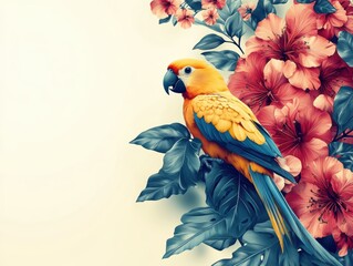 Obraz premium A vibrant parrot perched among colorful flowers and leaves.