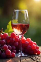 A half-full glass of ros? rests among ripening grapes , delicious, fall, rustic