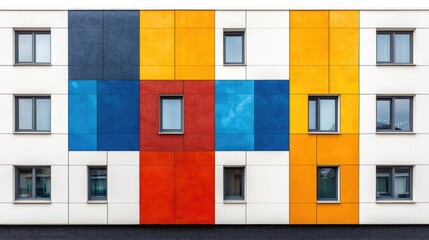 Fototapeta premium Colorful apartment building facade, urban scene, geometric design, modern architecture