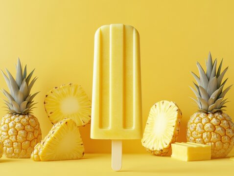 Yellow pineapple popsicle surrounded by fresh pineapples and slices on a bright background