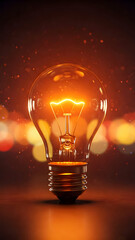 In the foreground, a glowing light bulb stands out, emitting a warm light. In the background, bright, blurred bokeh lights create a cozy atmosphere. Concepts of idea, innovation, creativity