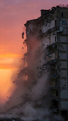 Dust and debris fill the air as a tall building crumbles down in a controlled demolition at sunset. The bright sky contrasts with the chaos unfolding below, highlighting the intensity of the moment.