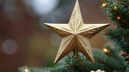 A golden star serves as a Christmas tree topper.