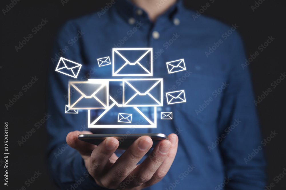 Poster glowing email notifications: smartphone communication concept. person holding phone with multiple em