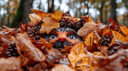 Autumnal Cat Mask Hidden in Leaves