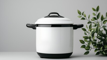White electric cooker, plant, grey background, cooking