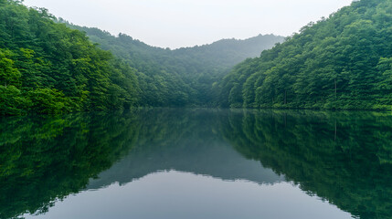 Serene lake reflecting misty green hills; tranquil nature scene; perfect for travel brochures