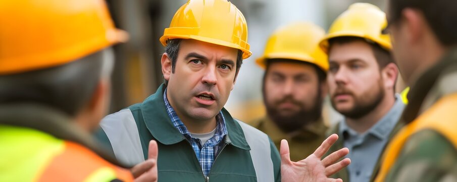 A group of construction workers engaged in a discussion on-site, emphasizing teamwork and communication