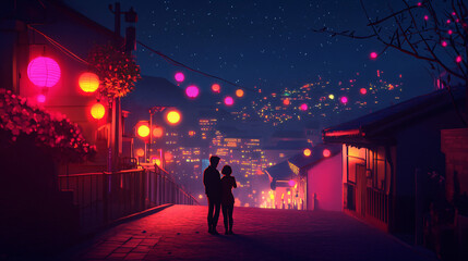 Futuristic Cityscape with a Couple in Silhouette, Surrounded by Neon Lights, Representing Love, Connection, and Modern Romance