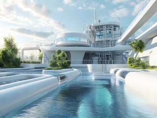 A modern architectural structure features sleek lines and futuristic design, surrounded by clear blue water and greenery, showcasing innovation and sustainability in construction.