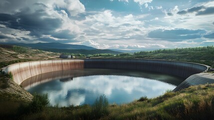 Obraz premium A serene landscape featuring a large reservoir surrounded by lush greenery and a scenic backdrop of rolling hills and dramatic clouds reflecting in the water, creating a peaceful a