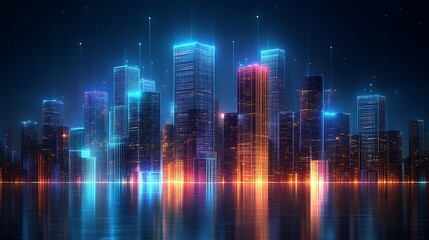 Obraz premium Neon Cityscape Reflecting in Still Water at Night