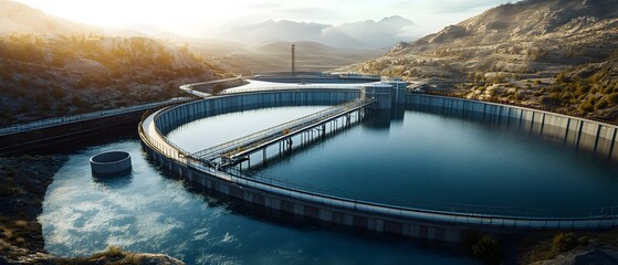 Aerial view of a water treatment facility surrounded by mountains, showcasing modern engineering and environmental conservation in action during sunrise.