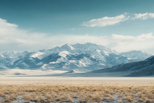 Snowy mountain range, desert valley, sunny day, travel poster