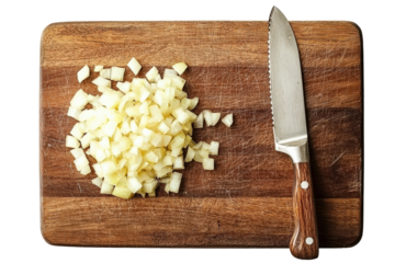 Chopped onion and knife on a wooden cutting board isolated on transparent white background PNG