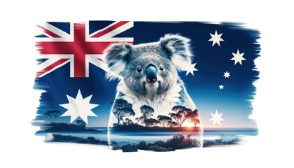 Koala and Australian flag blended in a striking panorama isolated on white transparent background PNG