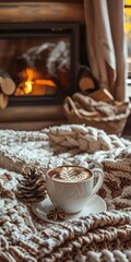 Fototapeta premium A cozy scene with a knitted blanket and hot cocoa in winter.