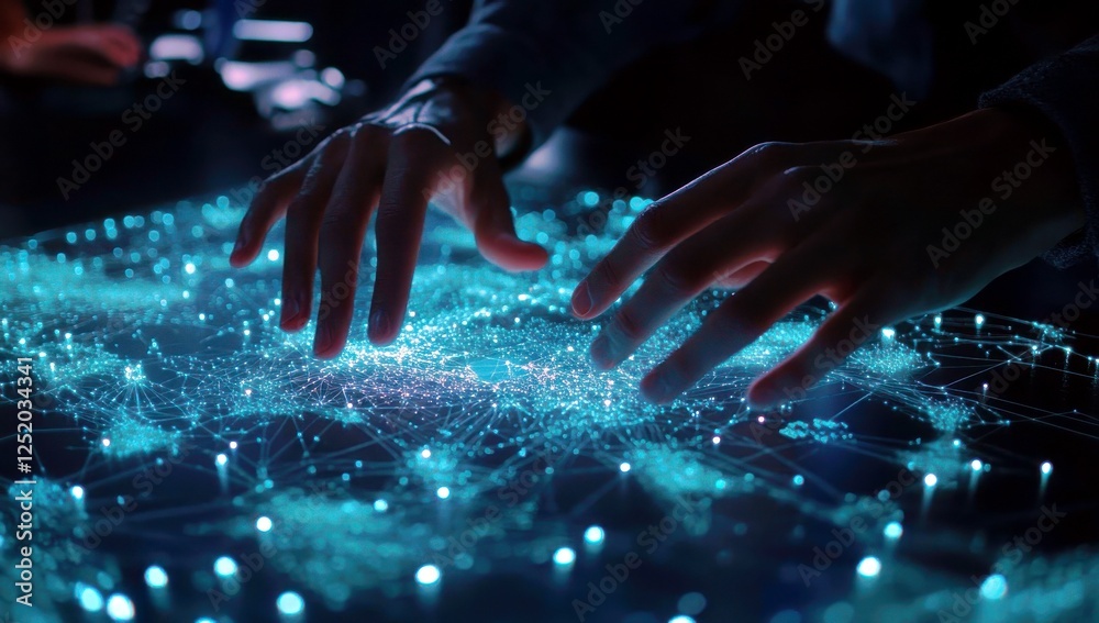 Poster hands manipulating a digital interface with bright nodes and connections in a high-tech environment 