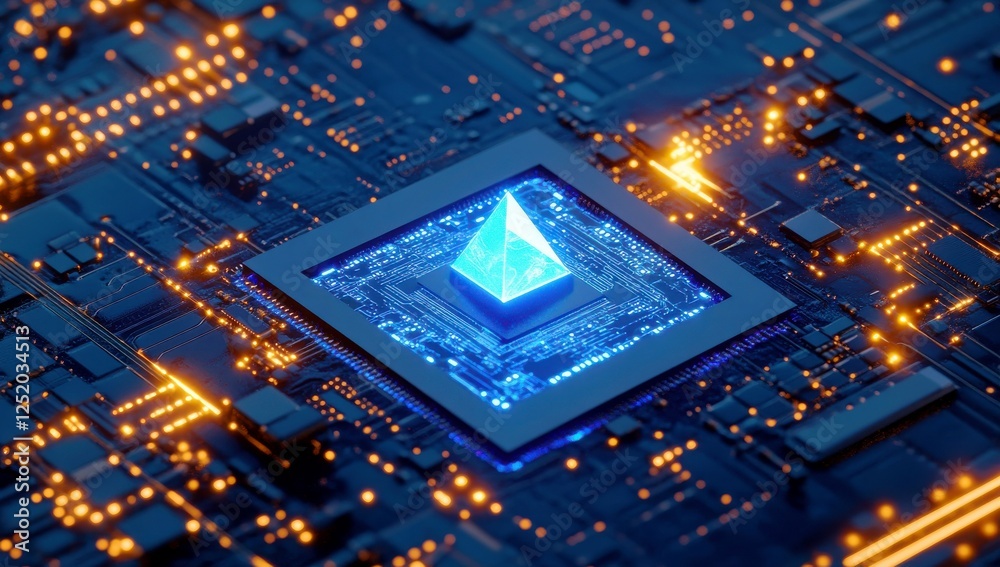 Poster digital technology abstract featuring a glowing blue pyramid on a circuit board with intricate patte