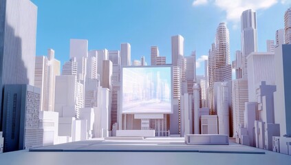 Fototapeta premium Futuristic Cityscape with Tall Buildings and Large Display Screen in Bright Sky