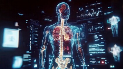 Detailed Anatomical Model Showcasing Human Body Systems with Advanced Digital Display and Health Monitoring Graphics