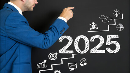Ascending to Success: Businessmen Climbing Steps Towards 2025 Goals. Strategic Planning, Growth, Investment, and Achievement in the New Year. A       