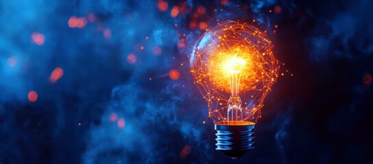 A Glowing Light Bulb Surrounded by Abstract Digital Particles and Dark Smoke in a Mysterious Blue Environment