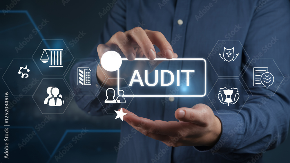Poster streamlining business compliance: audit process & management. a professional explains key compliance