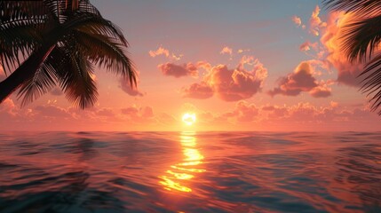 Obraz premium A breathtaking sunset over an ocean with silhouettes of palm trees.