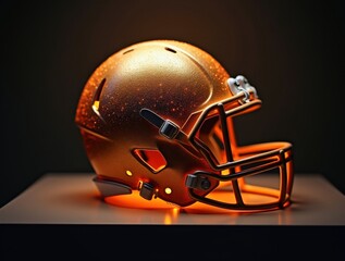 Fototapeta premium Golden football helmet glowing on pedestal in dark room