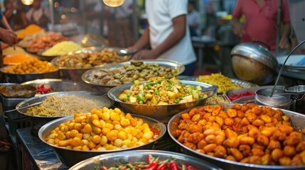 Obraz premium A bustling night market filled with delicious street food options.