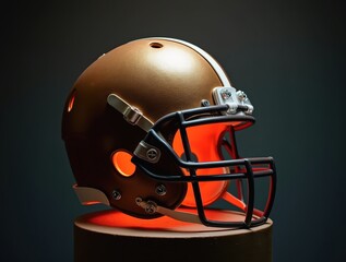 Fototapeta premium Golden football helmet glowing on pedestal in dark background