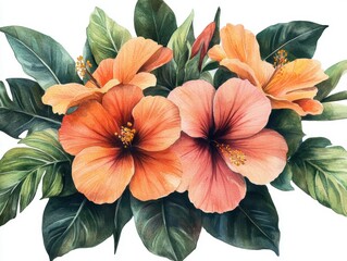 A vibrant arrangement of hibiscus flowers and green leaves in watercolor style.