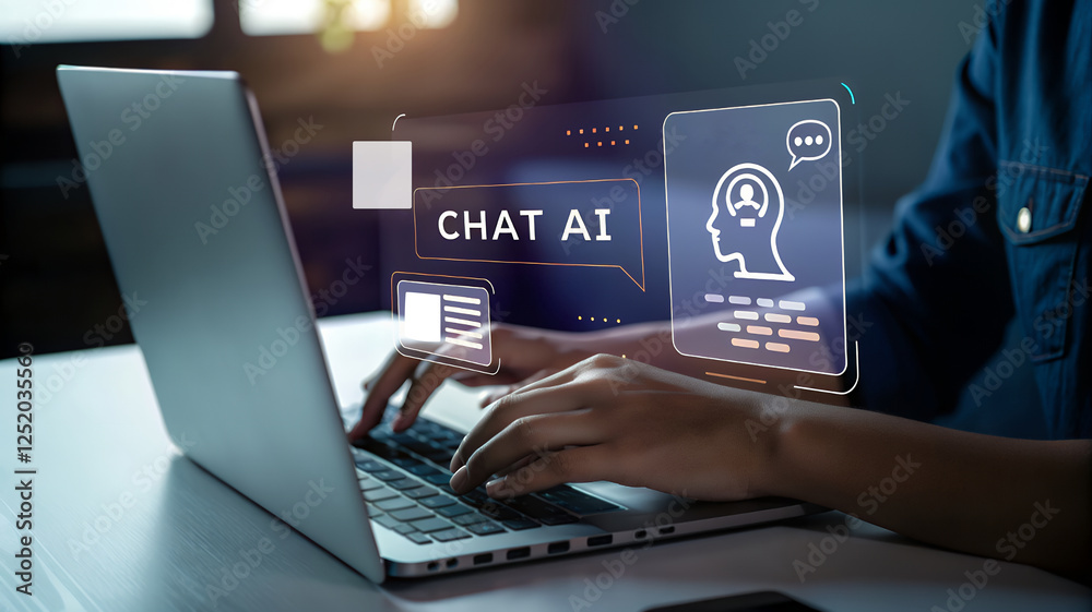 Aufkleber Man Interacting with AI Chatbot: Futuristic Technology, Command Prompt, Artificial Intelligence, Digital Communication, ChatGPT Interface, Innovative 