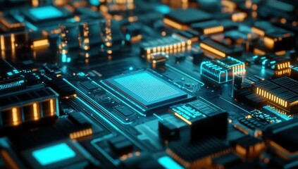 Fototapeta premium Close-Up View of a Futuristic Microchip Circuit Board with Blue and Orange Lights in a High-Tech Environment
