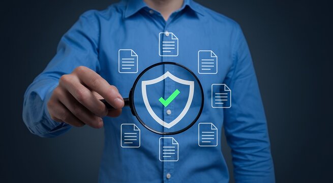 Assured Automation: Businessmen Inspecting Quality Control Certification with Magnifying Glass. Guarantee, Standardization, Quality Management,       